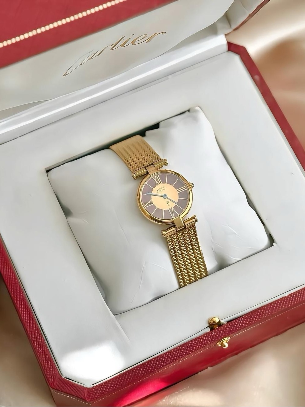 AUTHENTIC RARE VINTAGE CARTIER GOLD WATCH RED DIAL - WITH BOX